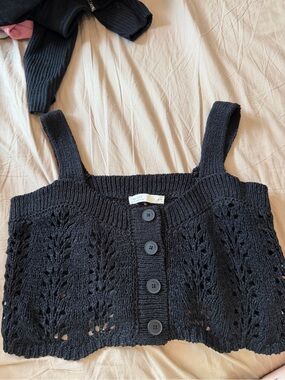 Black Knit Button-Front Crop Tank Sweater oak and fort